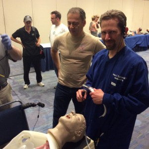 Scott Weingart lines up to take the SALAD SIM vomit challenge